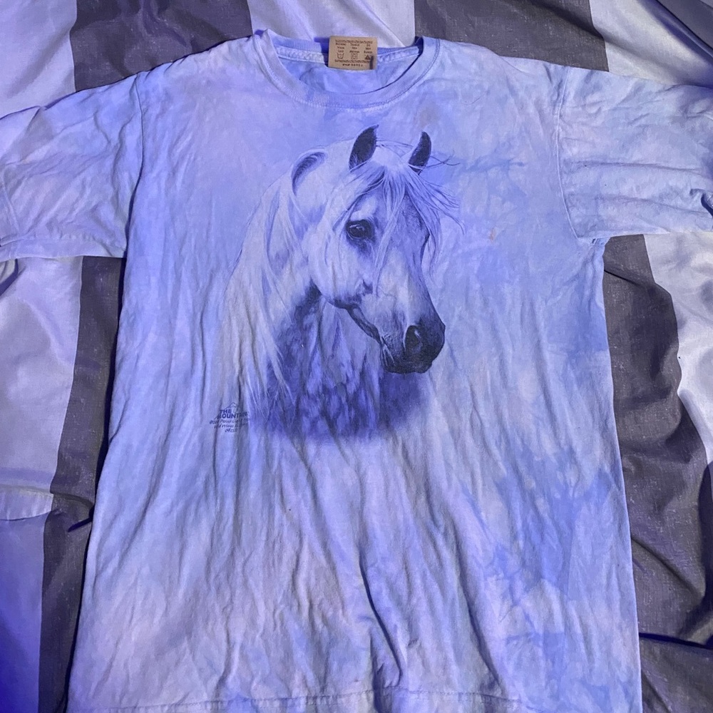 blue and white tye dye t shirt with horse - rarely worn - in great condition